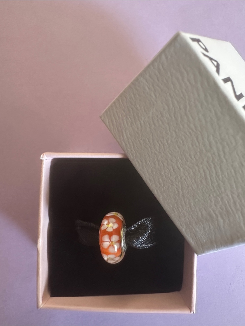 Pandora Orange Floral Glass Charm Bead Sterling Silver S925 ALE Retired Murano